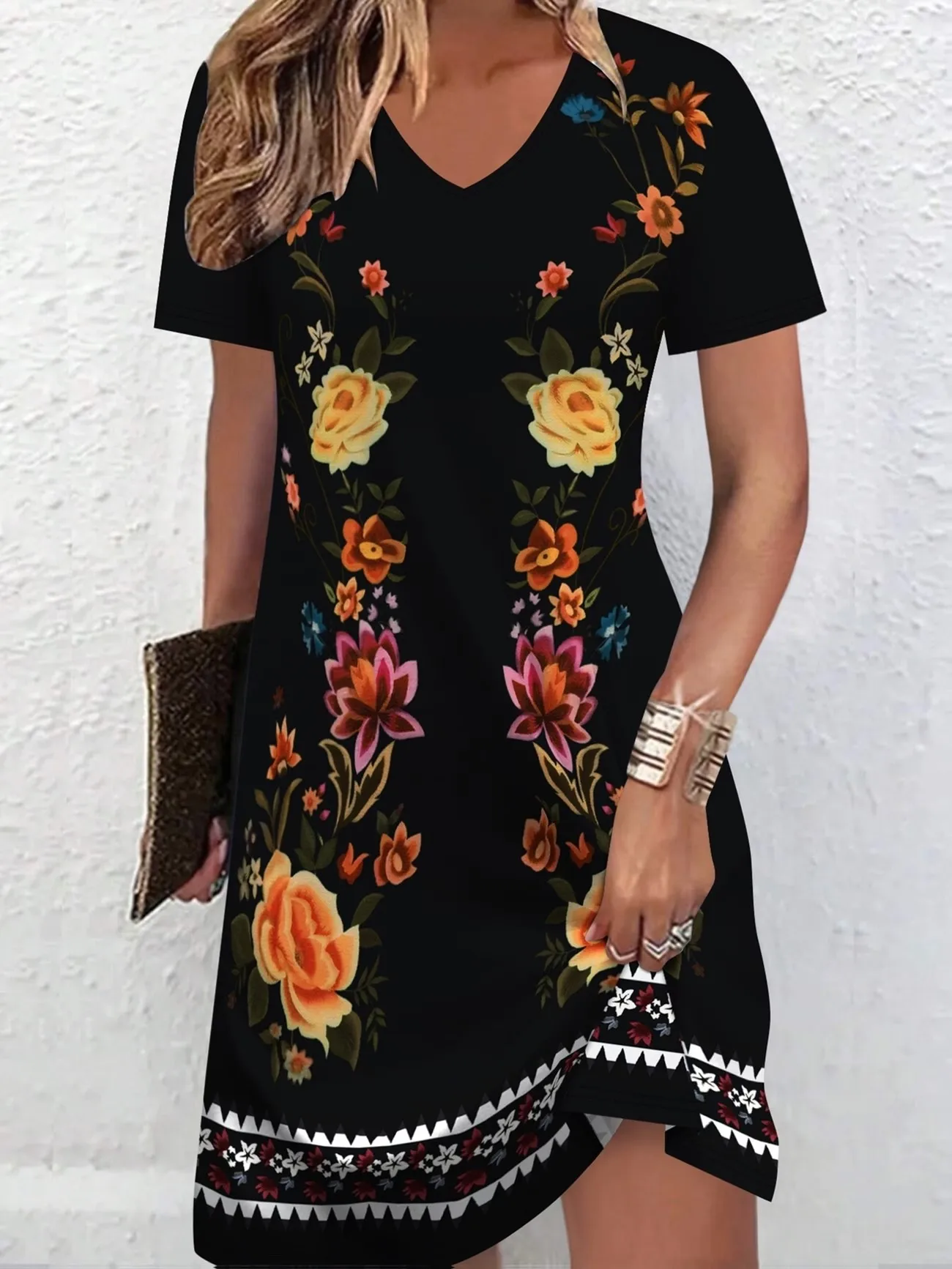 Retro Ethnic Print Summer Dress V-Neck Short Sleeve Casual Party Dress Elegant Vintage Style Clothing for Women