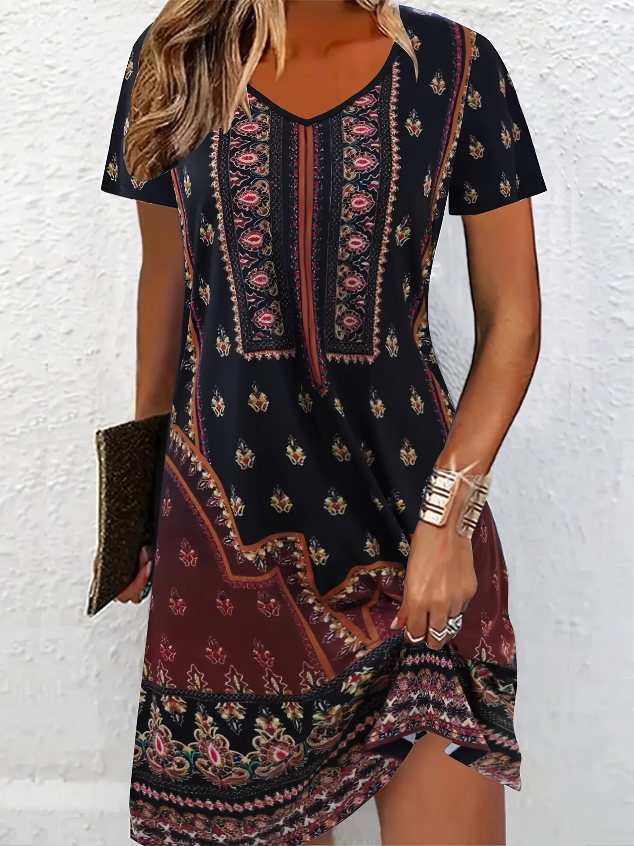Retro Ethnic Print Summer Dress V-Neck Short Sleeve Casual Party Dress Elegant Vintage Style Clothing for Women
