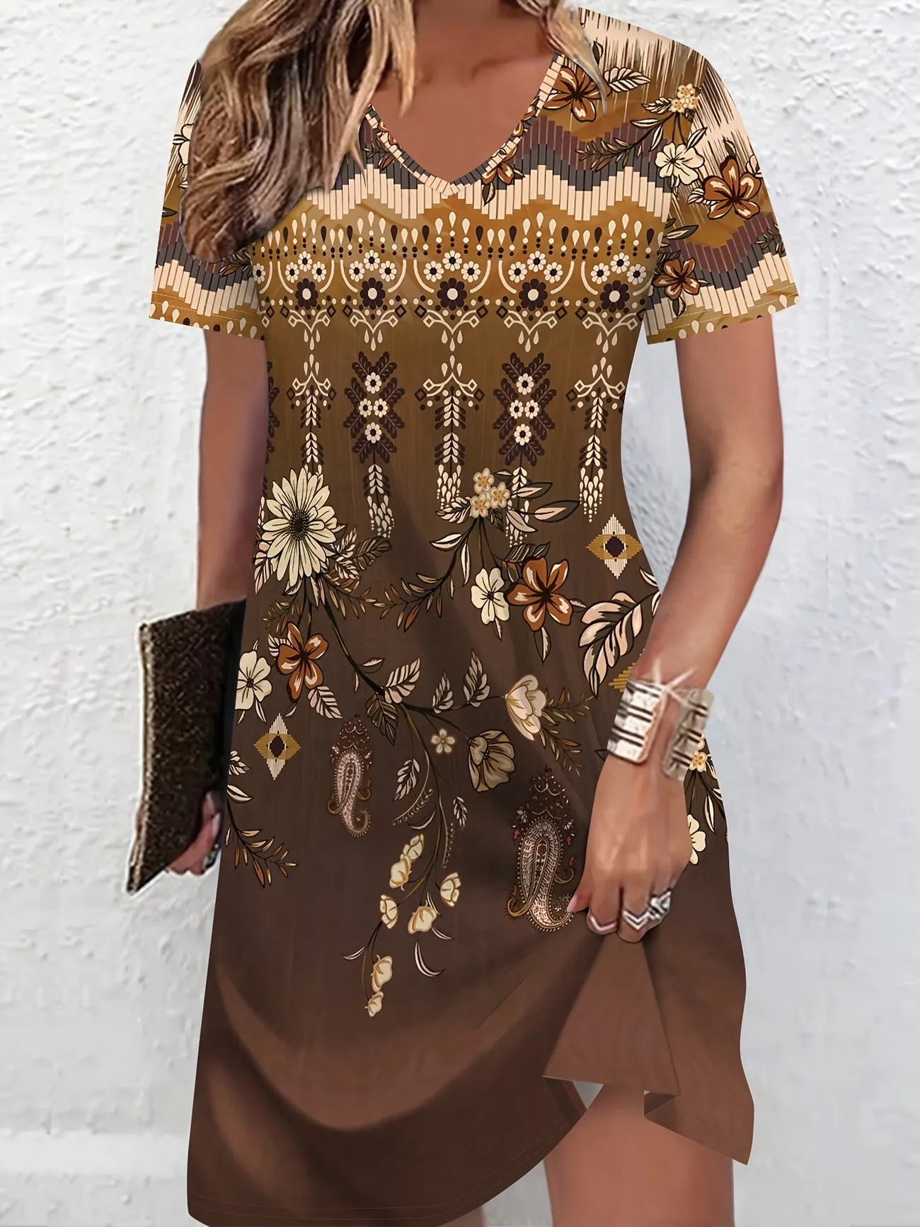 Retro Ethnic Print Summer Dress V-Neck Short Sleeve Casual Party Dress Elegant Vintage Style Clothing for Women