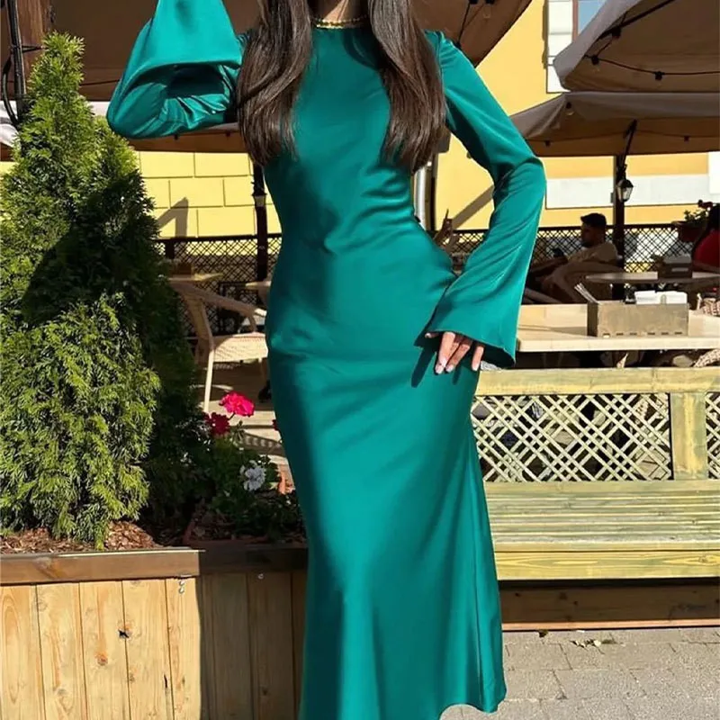 Summer Woman Dress Round Neck High Waist Black Pencil Dress Emerald Green Elegant Women's Evening Party Maxi Length Silky