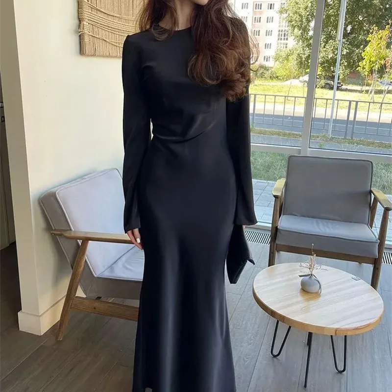 Summer Woman Dress Round Neck High Waist Black Pencil Dress Emerald Green Elegant Women's Evening Party Maxi Length Silky
