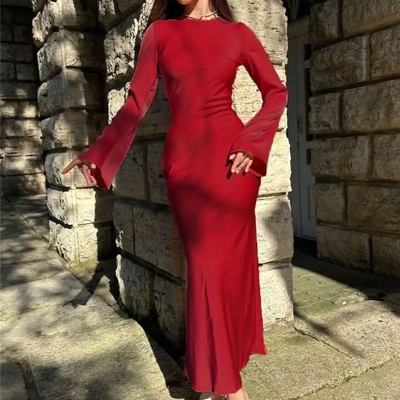 Summer Woman Dress Round Neck High Waist Black Pencil Dress Emerald Green Elegant Women's Evening Party Maxi Length Silky