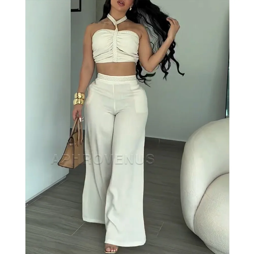 Elegant White Halter Crop Top & Wide Leg Pants 2Piece Set Women Summer Braided Ruched Sleeveless High Waist Casual Party Outfits
