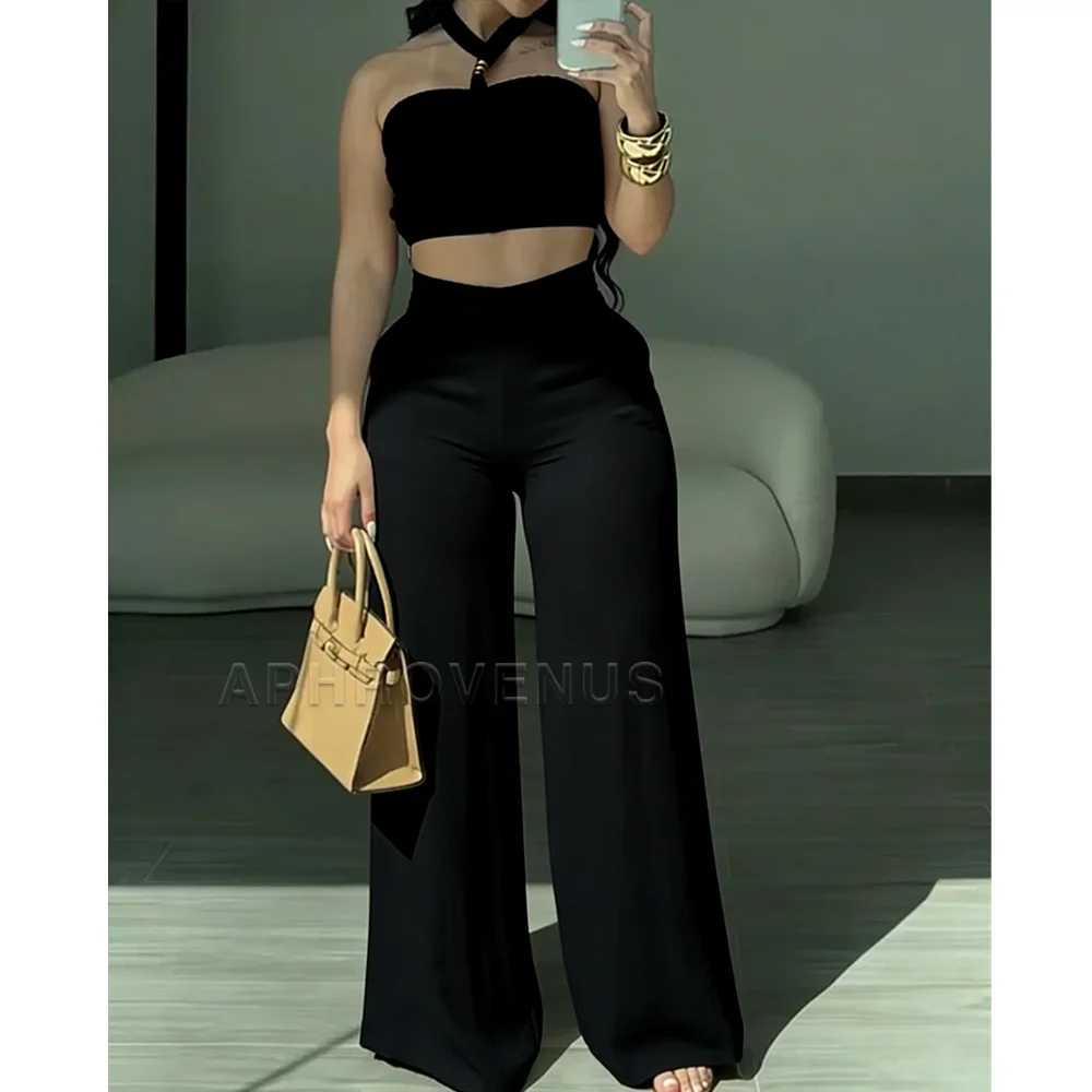 Elegant White Halter Crop Top & Wide Leg Pants 2Piece Set Women Summer Braided Ruched Sleeveless High Waist Casual Party Outfits