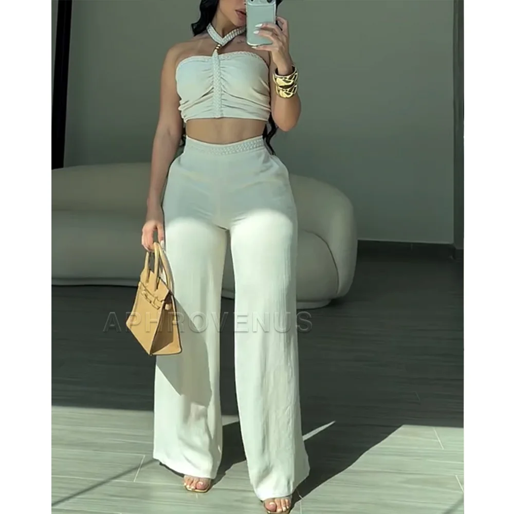 Elegant White Halter Crop Top & Wide Leg Pants 2Piece Set Women Summer Braided Ruched Sleeveless High Waist Casual Party Outfits