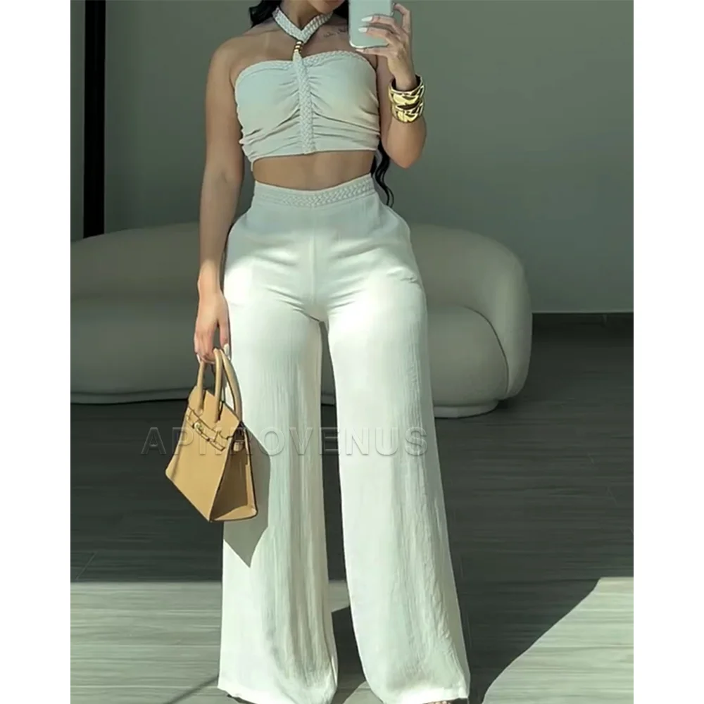 Elegant White Halter Crop Top & Wide Leg Pants 2Piece Set Women Summer Braided Ruched Sleeveless High Waist Casual Party Outfits