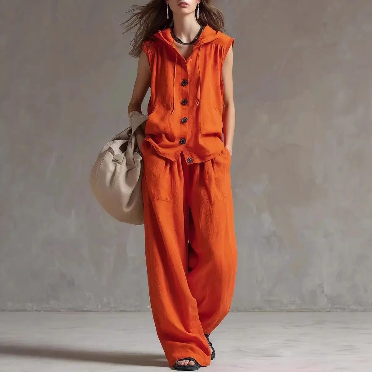 Casual Loose Hoodied Top And Wide Leg Pants Two Pieces Sets Women Summer New Sleevelees Shirts Outits 2 Pieces Set