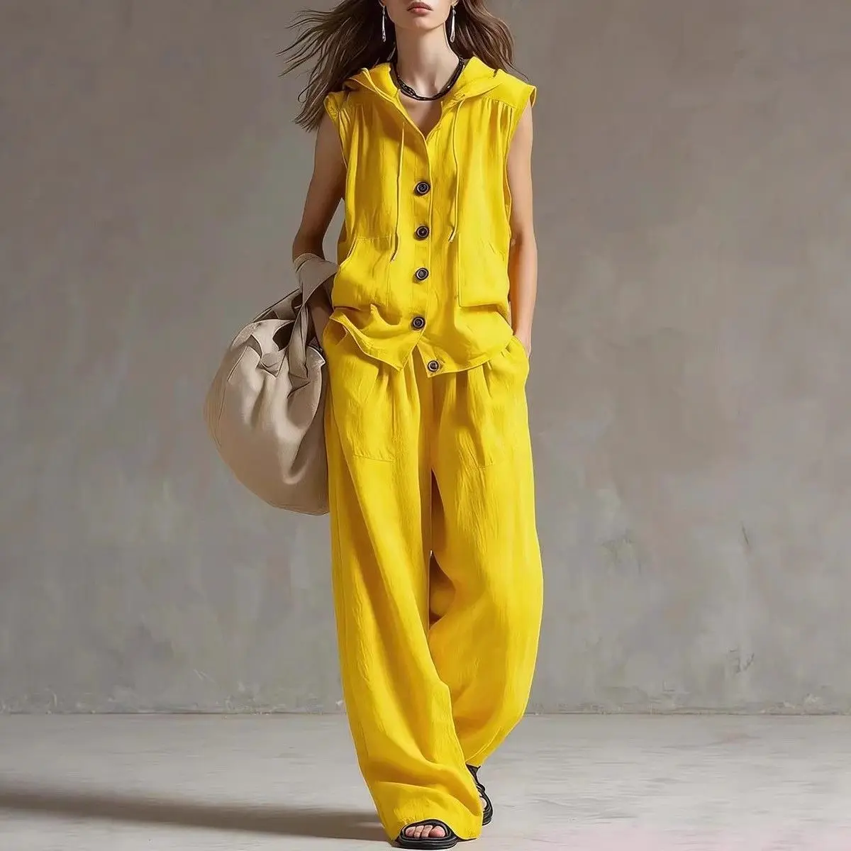 Casual Loose Hoodied Top And Wide Leg Pants Two Pieces Sets Women Summer New Sleevelees Shirts Outits 2 Pieces Set