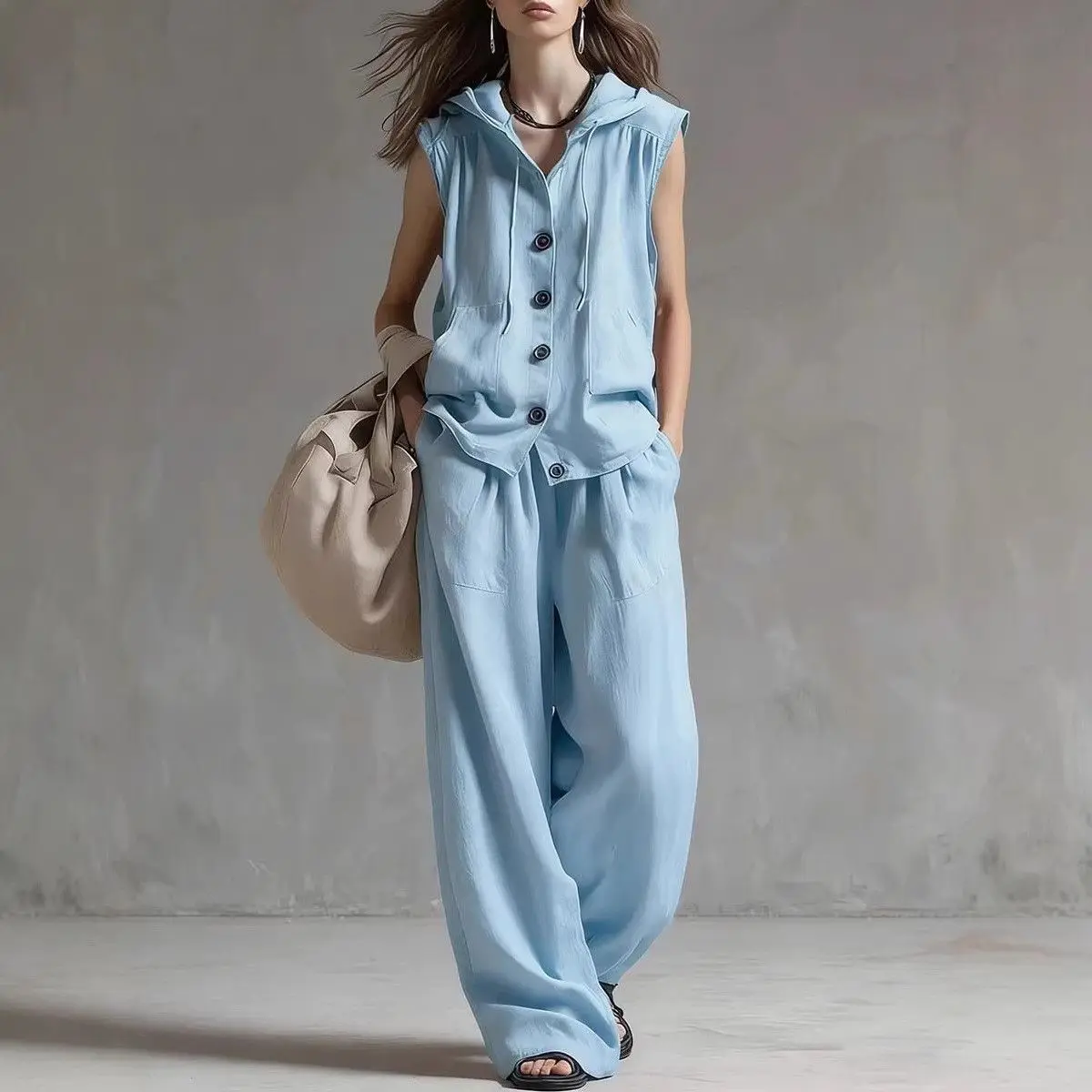 Casual Loose Hoodied Top And Wide Leg Pants Two Pieces Sets Women Summer New Sleevelees Shirts Outits 2 Pieces Set