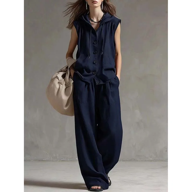 Casual Loose Hoodied Top And Wide Leg Pants Two Pieces Sets Women Summer New Sleevelees Shirts Outits 2 Pieces Set