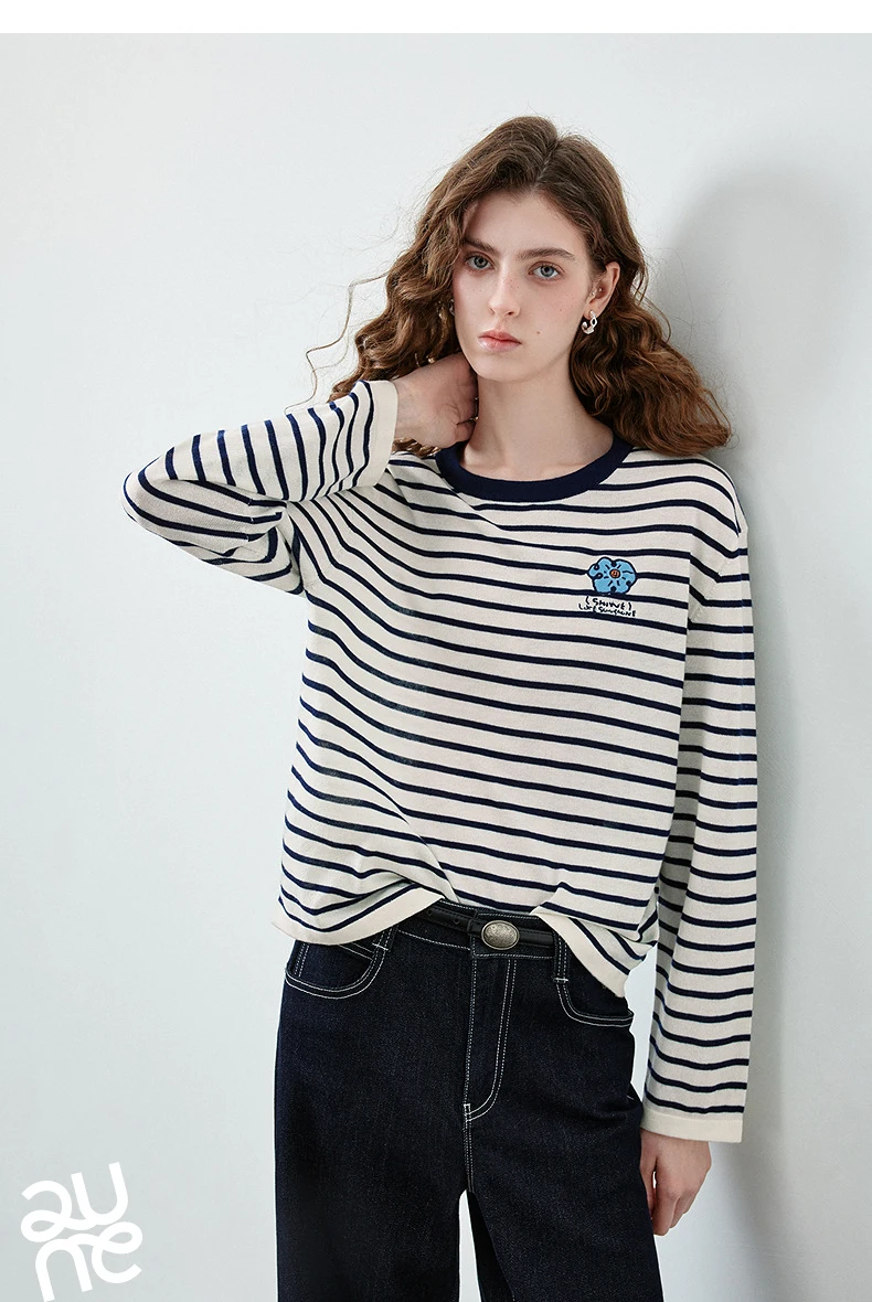 TOYOUTH Women's Wool Blend Striped Knit Top 2026 Fall New Arrival Crew Neck Embroidery Preppy Early Fall Top
