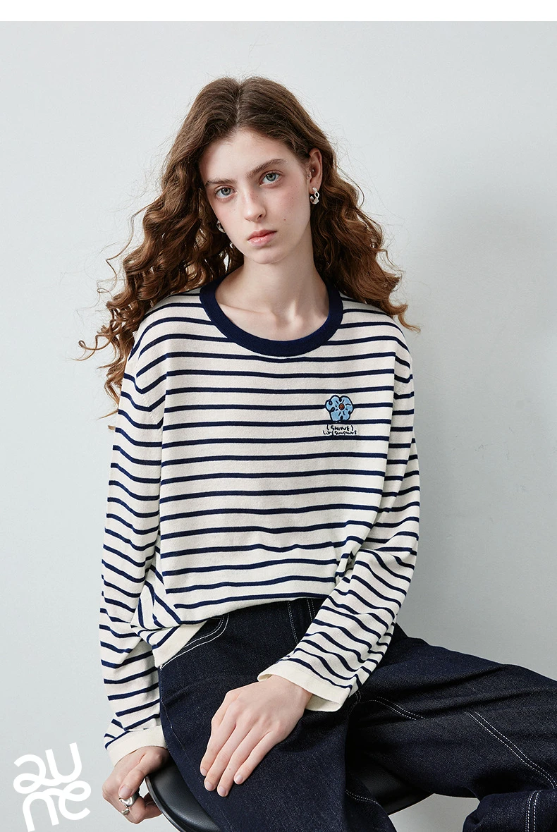 TOYOUTH Women's Wool Blend Striped Knit Top 2026 Fall New Arrival Crew Neck Embroidery Preppy Early Fall Top