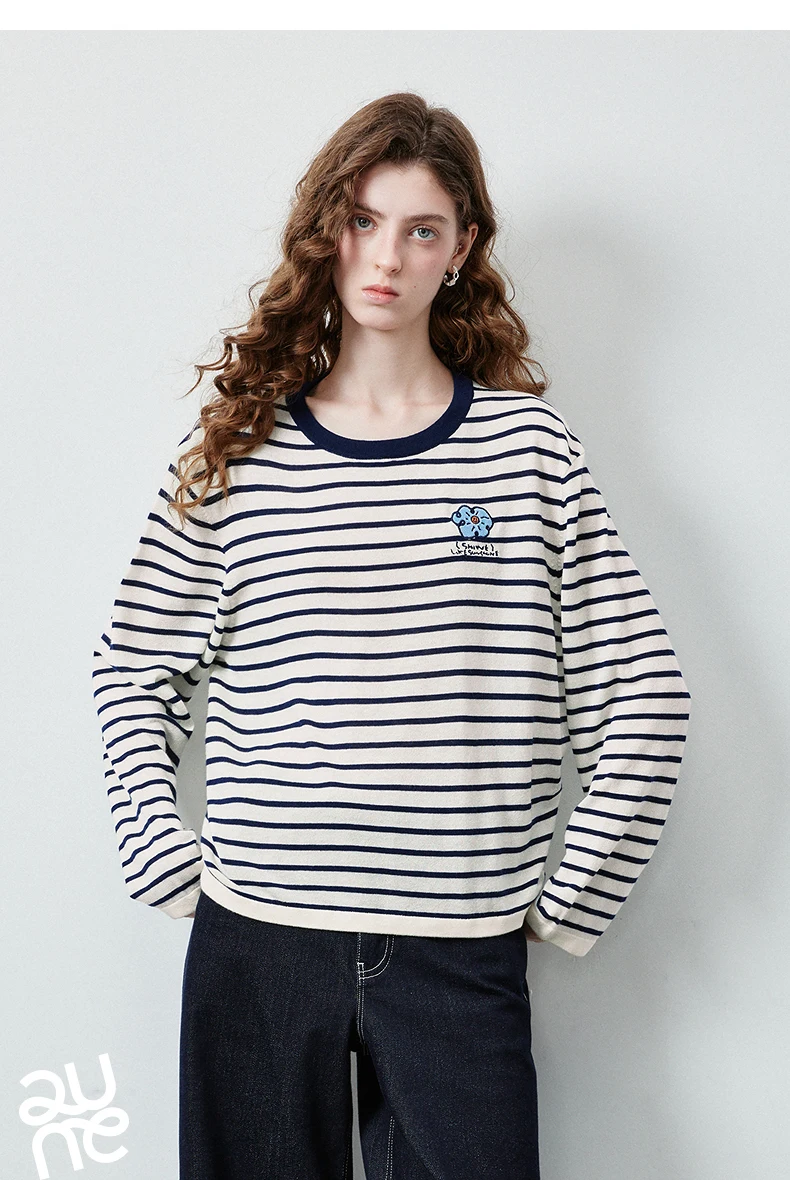 TOYOUTH Women's Wool Blend Striped Knit Top 2026 Fall New Arrival Crew Neck Embroidery Preppy Early Fall Top
