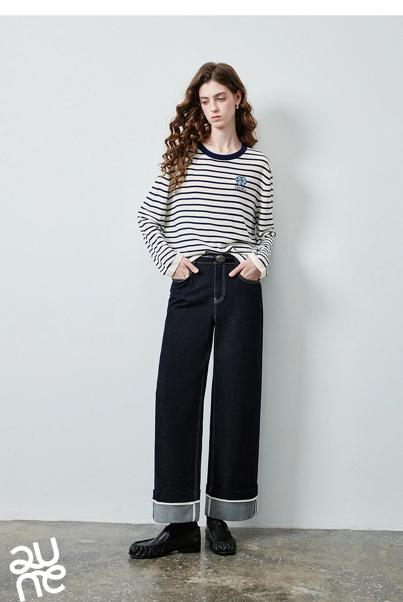 TOYOUTH Women's Wool Blend Striped Knit Top 2026 Fall New Arrival Crew Neck Embroidery Preppy Early Fall Top