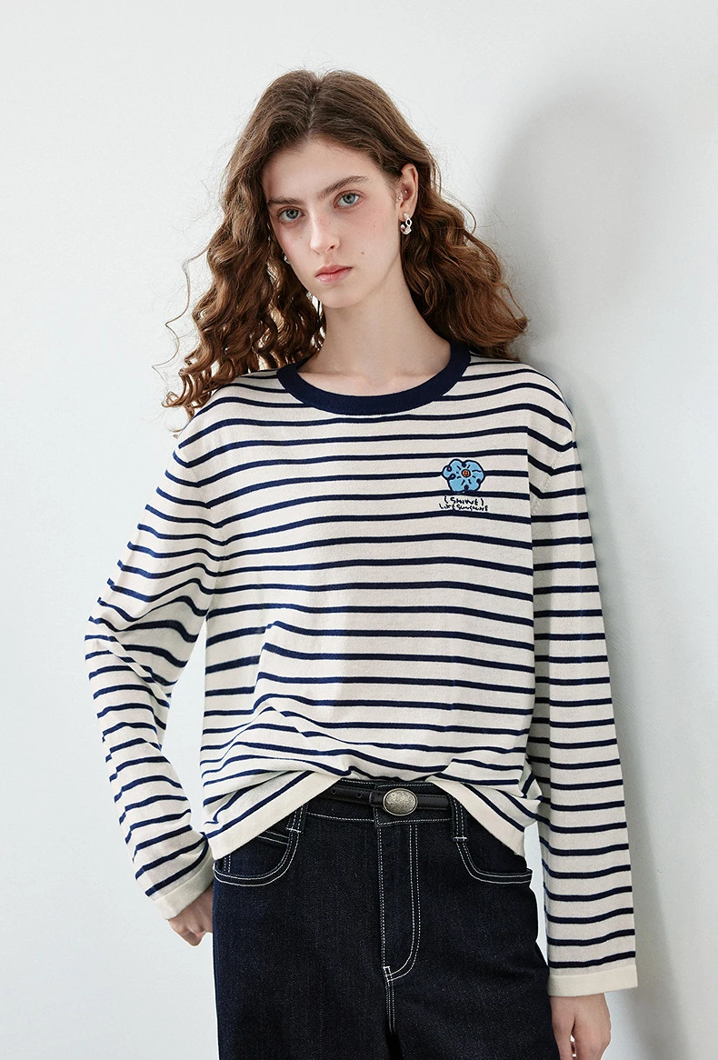 TOYOUTH Women's Wool Blend Striped Knit Top 2026 Fall New Arrival Crew Neck Embroidery Preppy Early Fall Top