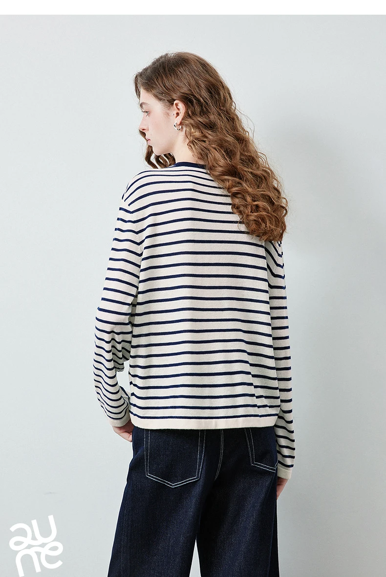 TOYOUTH Women's Wool Blend Striped Knit Top 2026 Fall New Arrival Crew Neck Embroidery Preppy Early Fall Top