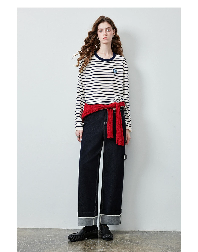TOYOUTH Women's Wool Blend Striped Knit Top 2026 Fall New Arrival Crew Neck Embroidery Preppy Early Fall Top
