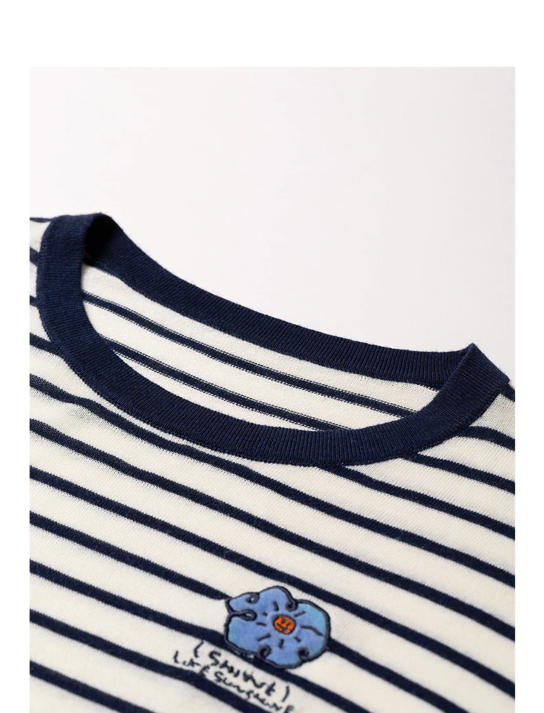 TOYOUTH Women's Wool Blend Striped Knit Top 2026 Fall New Arrival Crew Neck Embroidery Preppy Early Fall Top