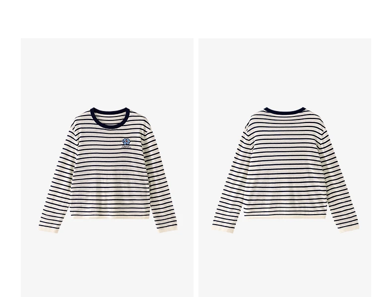TOYOUTH Women's Wool Blend Striped Knit Top 2026 Fall New Arrival Crew Neck Embroidery Preppy Early Fall Top