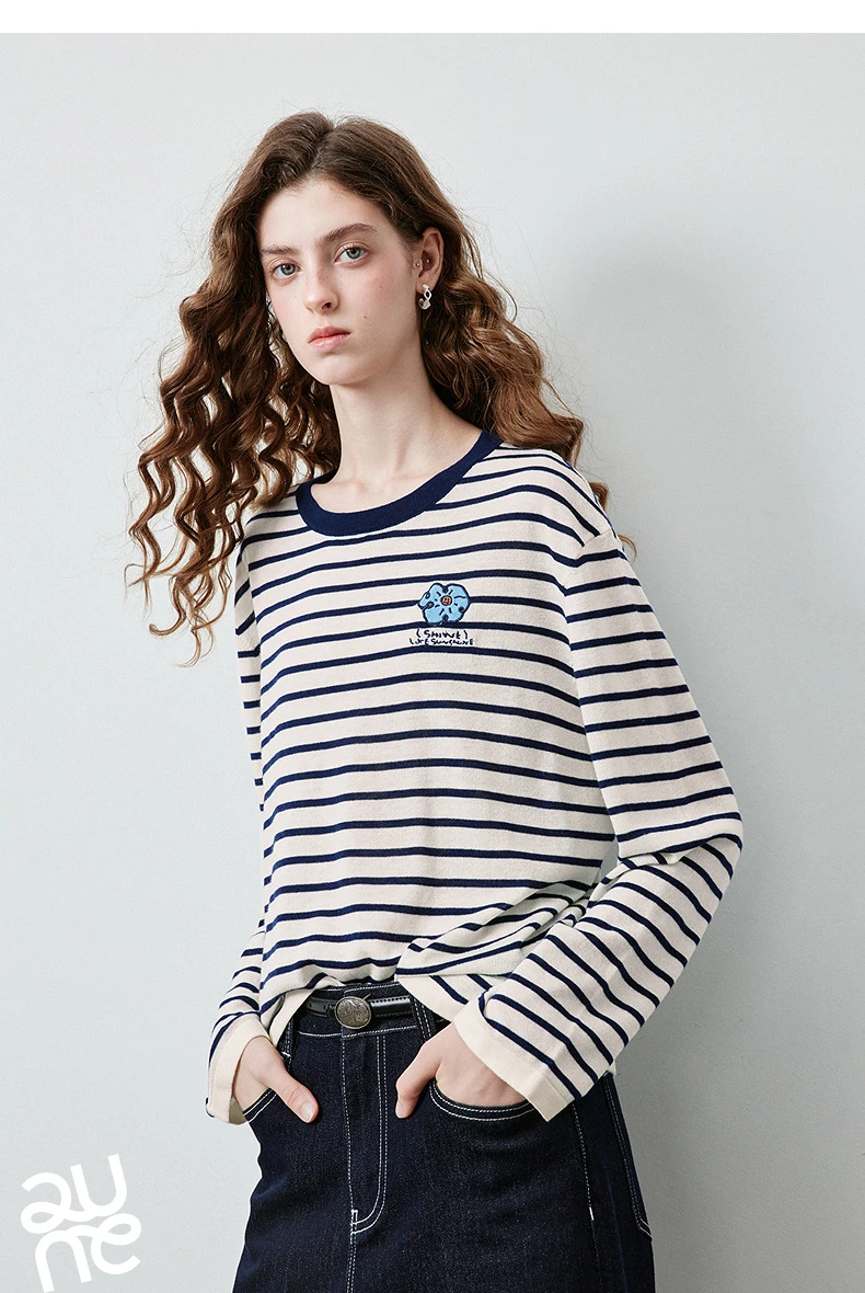 TOYOUTH Women's Wool Blend Striped Knit Top 2026 Fall New Arrival Crew Neck Embroidery Preppy Early Fall Top