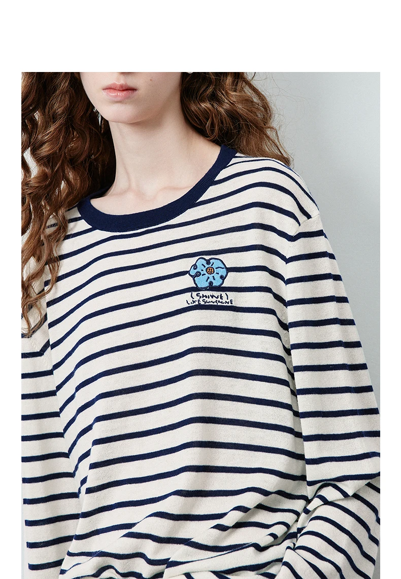 TOYOUTH Women's Wool Blend Striped Knit Top 2026 Fall New Arrival Crew Neck Embroidery Preppy Early Fall Top