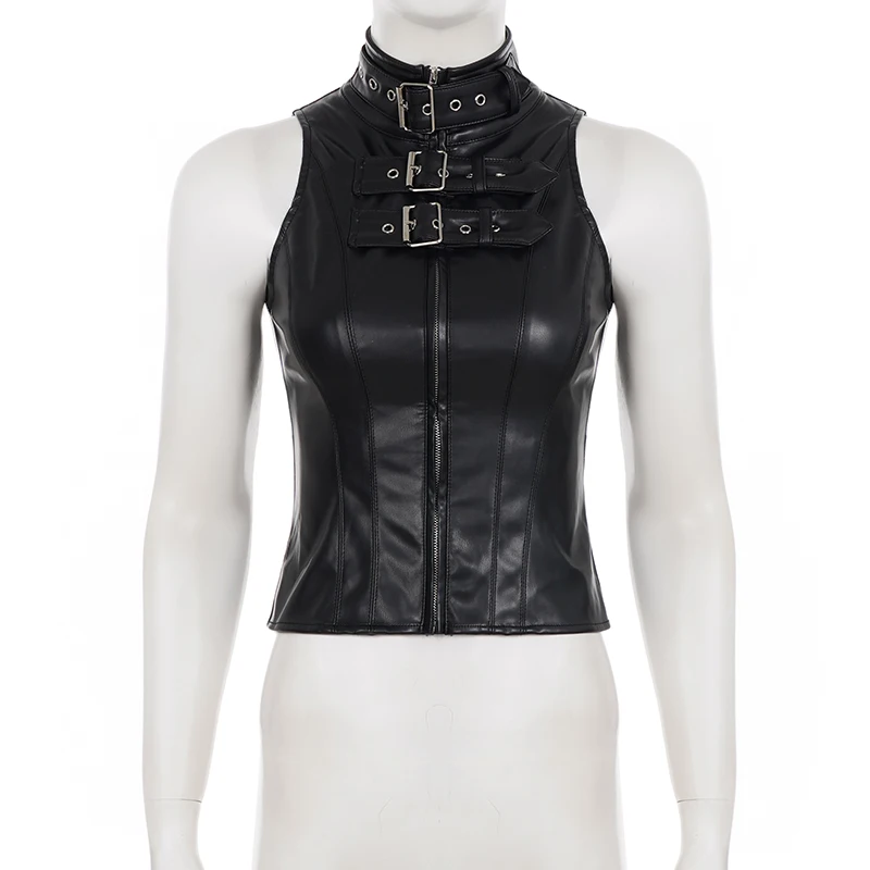 Women Gothic Punk Black Faux Leather Buckle Zip Sleeveless Vest Top Clubwear Alternative Streetwear Festival Outfit (Non Sleeves