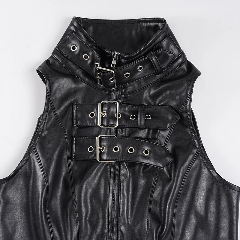 Women Gothic Punk Black Faux Leather Buckle Zip Sleeveless Vest Top Clubwear Alternative Streetwear Festival Outfit (Non Sleeves