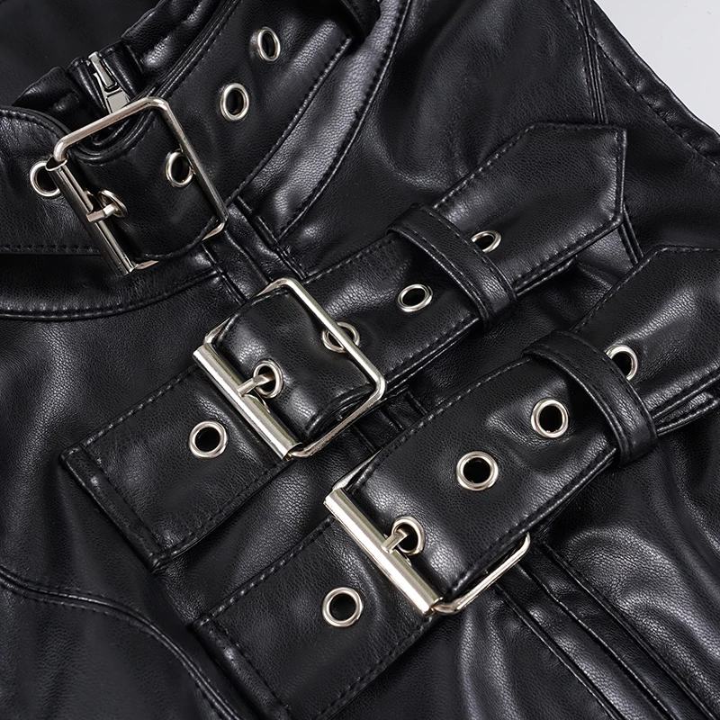 Women Gothic Punk Black Faux Leather Buckle Zip Sleeveless Vest Top Clubwear Alternative Streetwear Festival Outfit (Non Sleeves