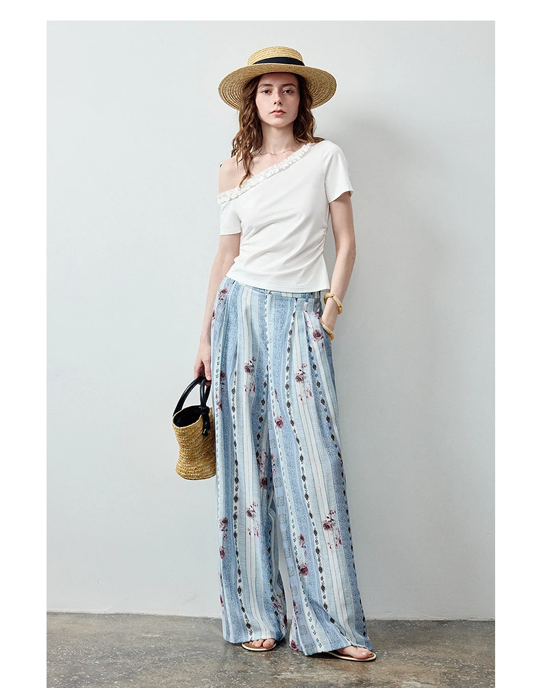 TOYOUTH Women 2 Piece Set 2026 Summer New South France Holiday Lace Off Shoulder Slim Top Rose Stripe Casual Pants Outfits