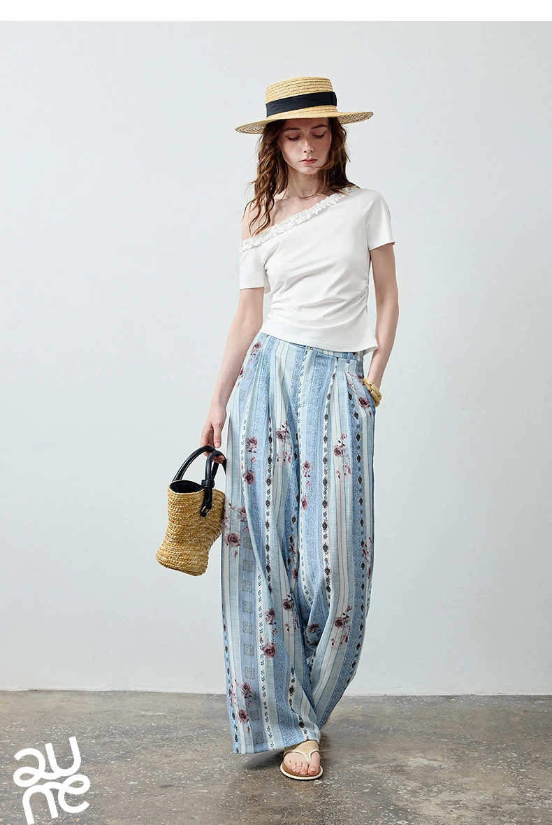 TOYOUTH Women 2 Piece Set 2026 Summer New South France Holiday Lace Off Shoulder Slim Top Rose Stripe Casual Pants Outfits