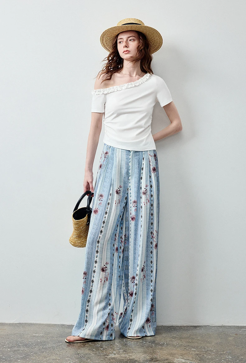 TOYOUTH Women 2 Piece Set 2026 Summer New South France Holiday Lace Off Shoulder Slim Top Rose Stripe Casual Pants Outfits