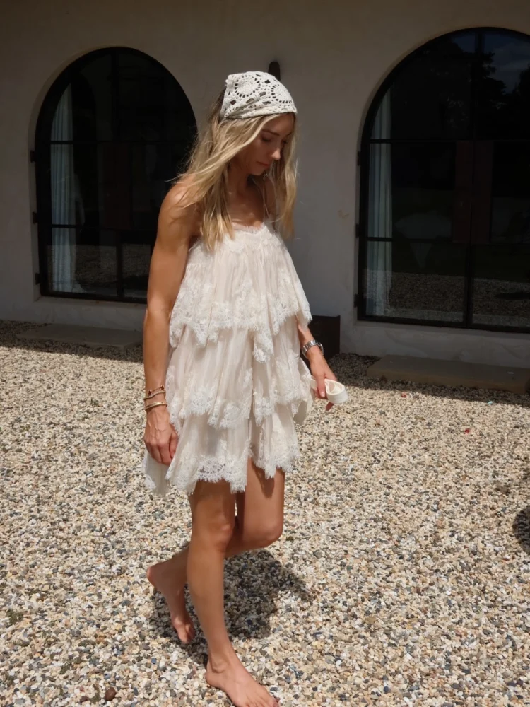 Chic Vintage Dress Lace Elegant Feminine Strapless Tiered Women Dresses Vocation Summer Sweet Trendy Stylish Casual Outfit