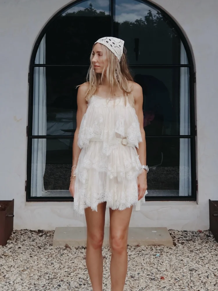 Chic Vintage Dress Lace Elegant Feminine Strapless Tiered Women Dresses Vocation Summer Sweet Trendy Stylish Casual Outfit