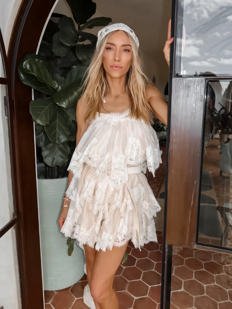 Chic Vintage Dress Lace Elegant Feminine Strapless Tiered Women Dresses Vocation Summer Sweet Trendy Stylish Casual Outfit