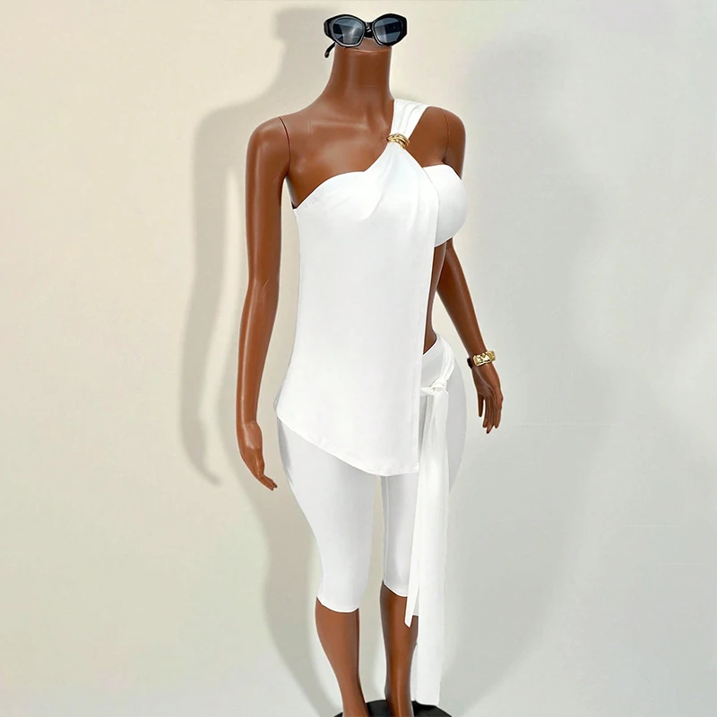 OMSJ 2026 Lady Summer Daily Outfits Fashion Sexy Slant Neck Sleeveless Irregular Tops+Strapless Tube Top+Calf-length Pants Solid