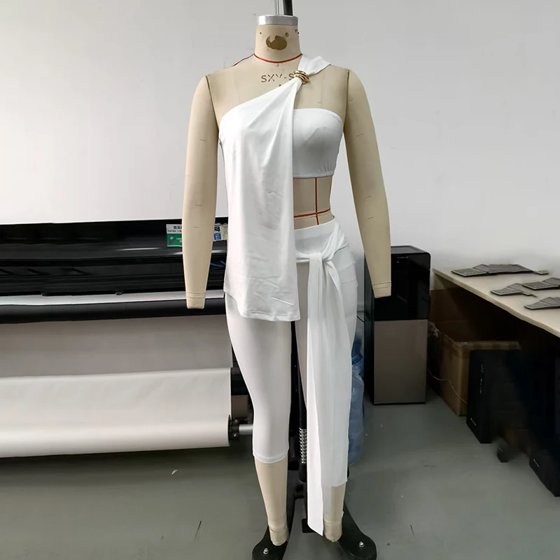 OMSJ 2026 Lady Summer Daily Outfits Fashion Sexy Slant Neck Sleeveless Irregular Tops+Strapless Tube Top+Calf-length Pants Solid