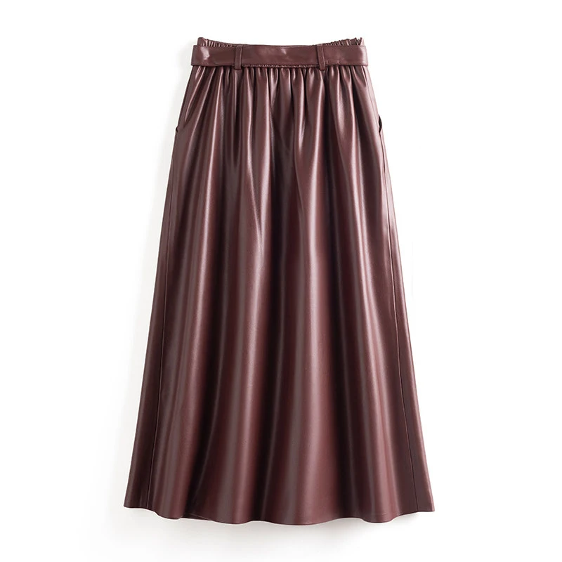 Plus size 5XL Split Sheepskin Skirt for Women 2026 Fashion High Waist Belt A-line Long Skirt Chic Ladies Wine Red Leather Skirts