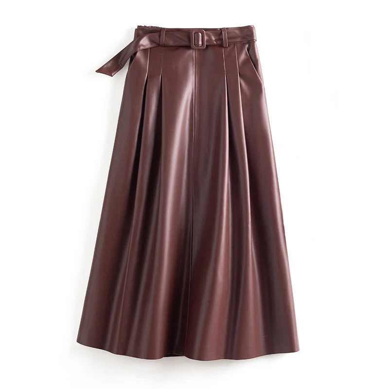 Plus size 5XL Split Sheepskin Skirt for Women 2026 Fashion High Waist Belt A-line Long Skirt Chic Ladies Wine Red Leather Skirts