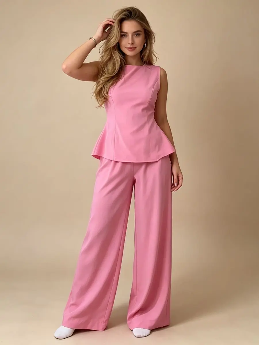 2026 Women Elegant Back Tie Sleeveless Peplum Top + Wide Leg Pants 2 Piece Casual Set