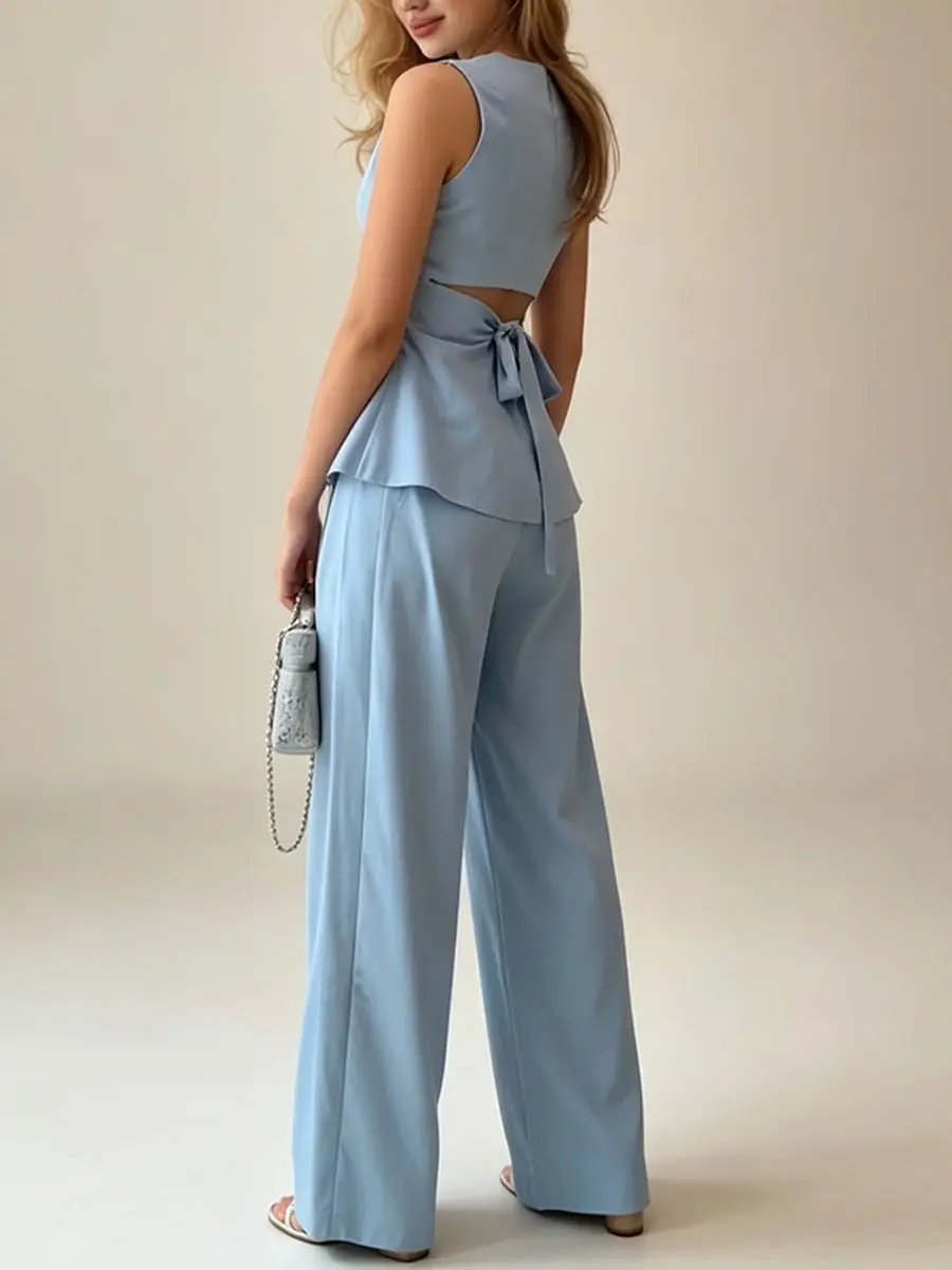2026 Women Elegant Back Tie Sleeveless Peplum Top + Wide Leg Pants 2 Piece Casual Set