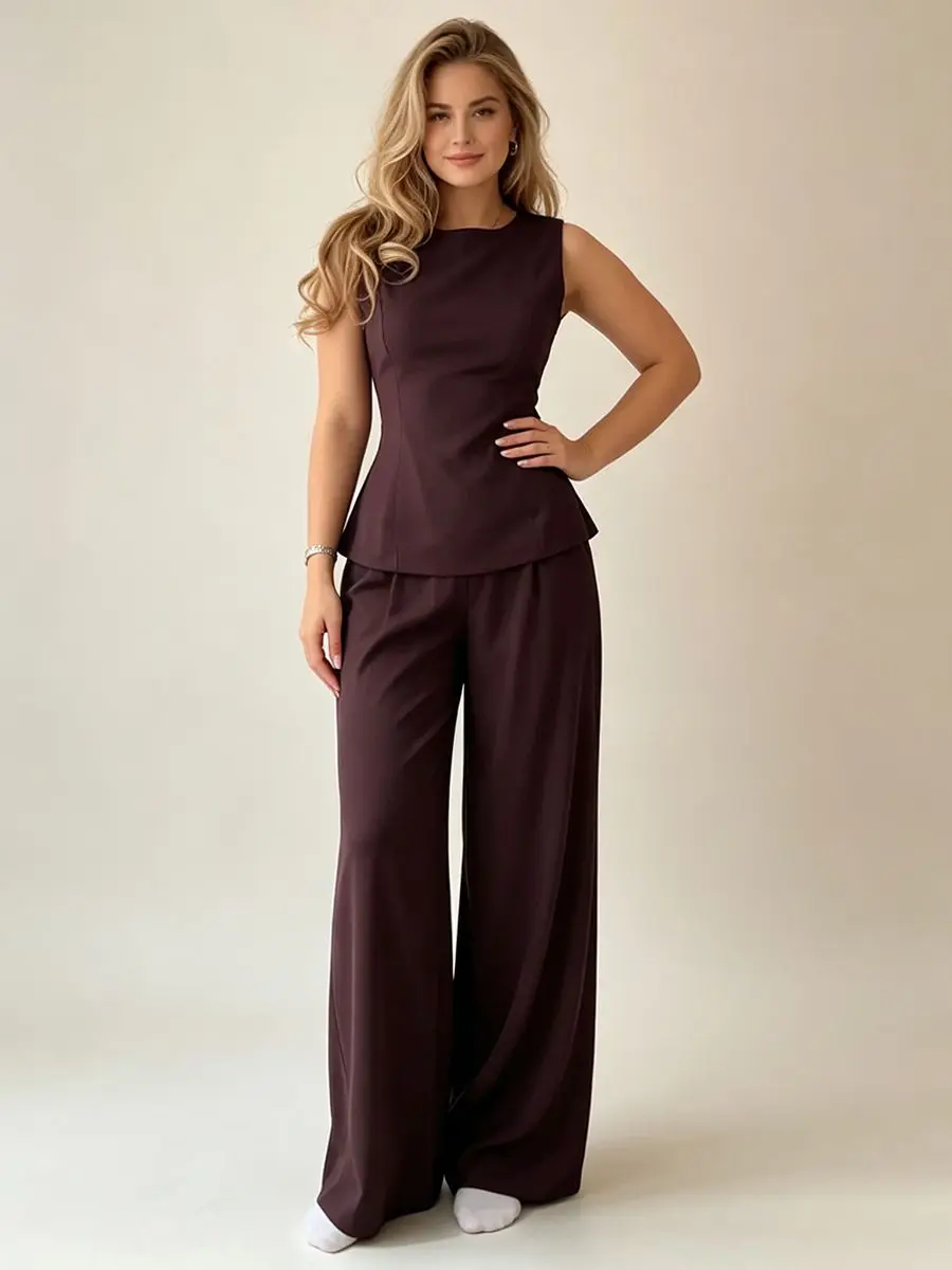 2026 Women Elegant Back Tie Sleeveless Peplum Top + Wide Leg Pants 2 Piece Casual Set