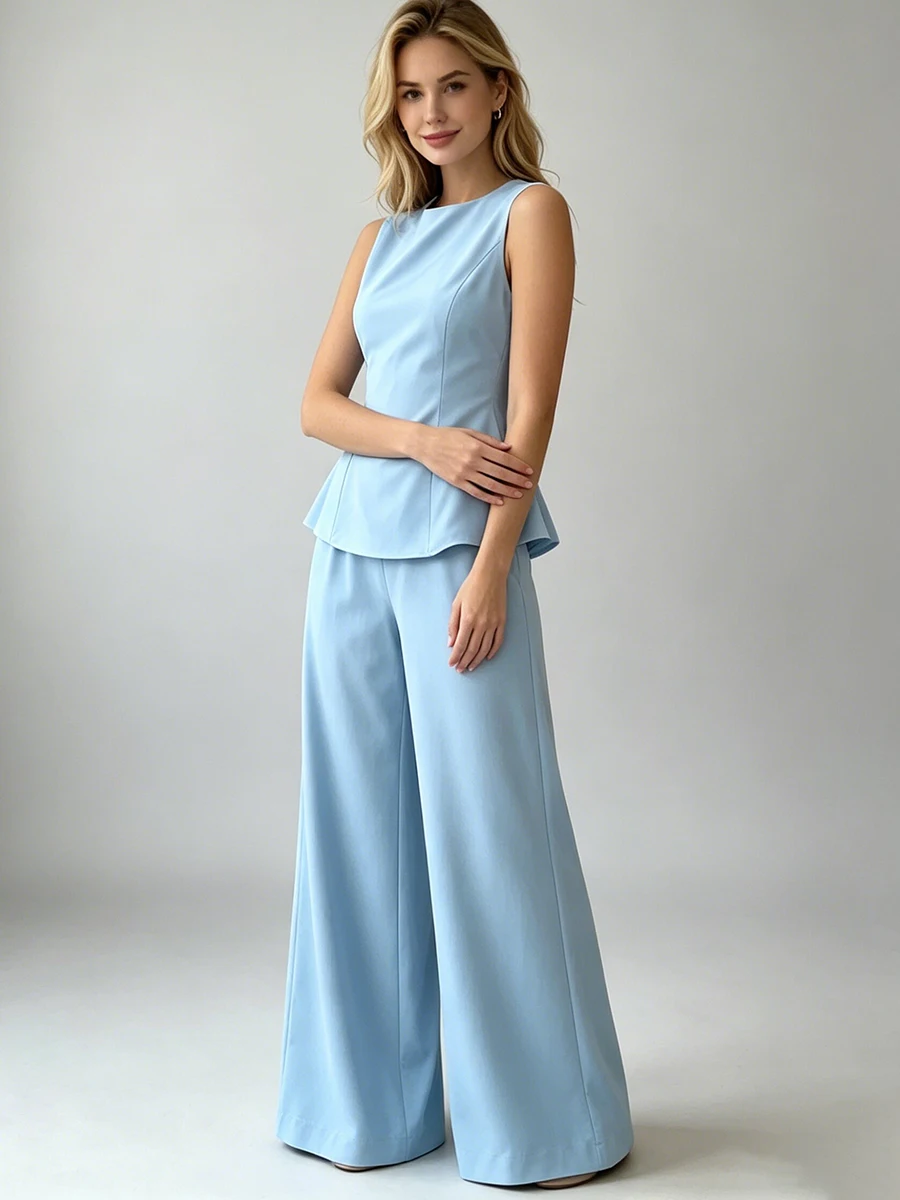 2026 Women Elegant Back Tie Sleeveless Peplum Top + Wide Leg Pants 2 Piece Casual Set