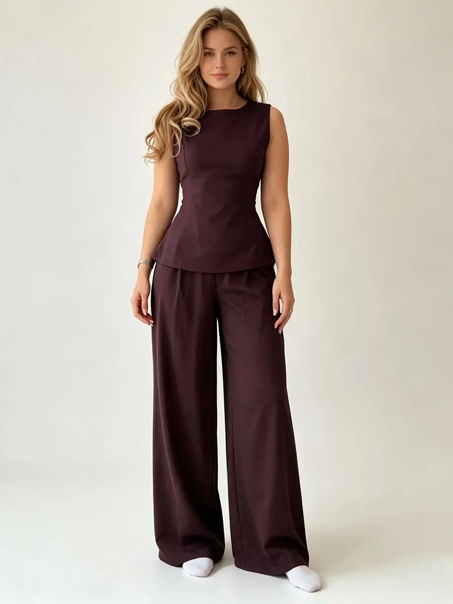 2026 Women Elegant Back Tie Sleeveless Peplum Top + Wide Leg Pants 2 Piece Casual Set