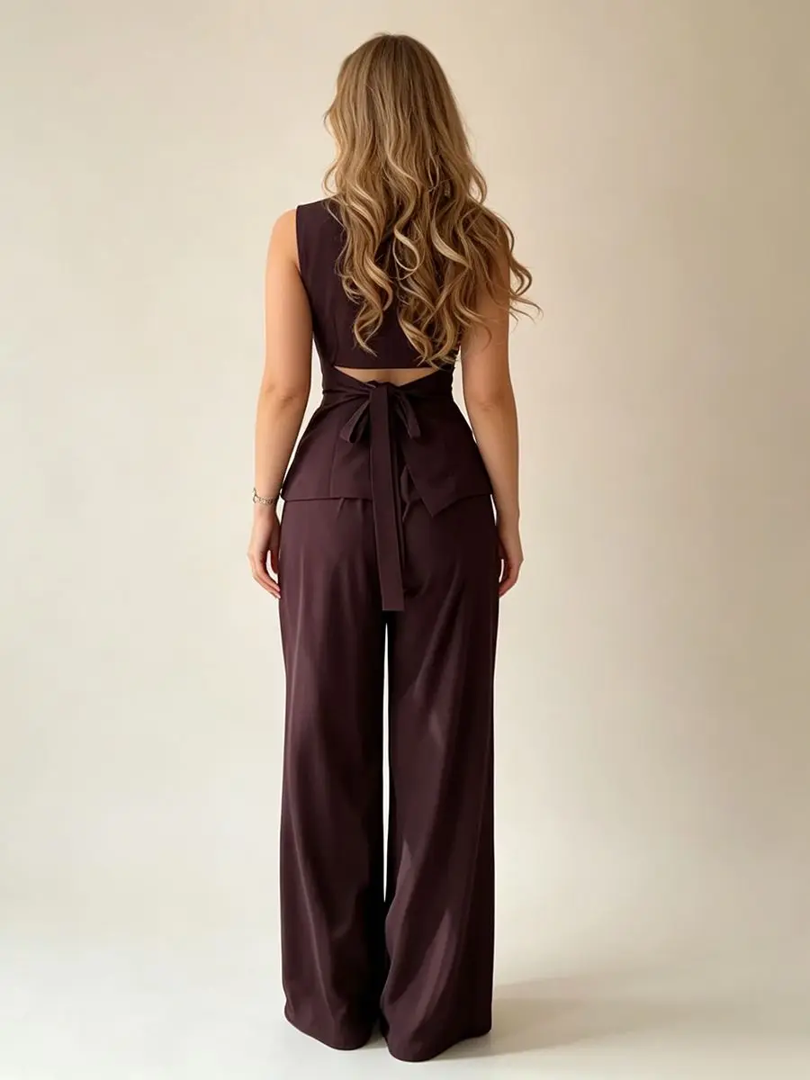 2026 Women Elegant Back Tie Sleeveless Peplum Top + Wide Leg Pants 2 Piece Casual Set