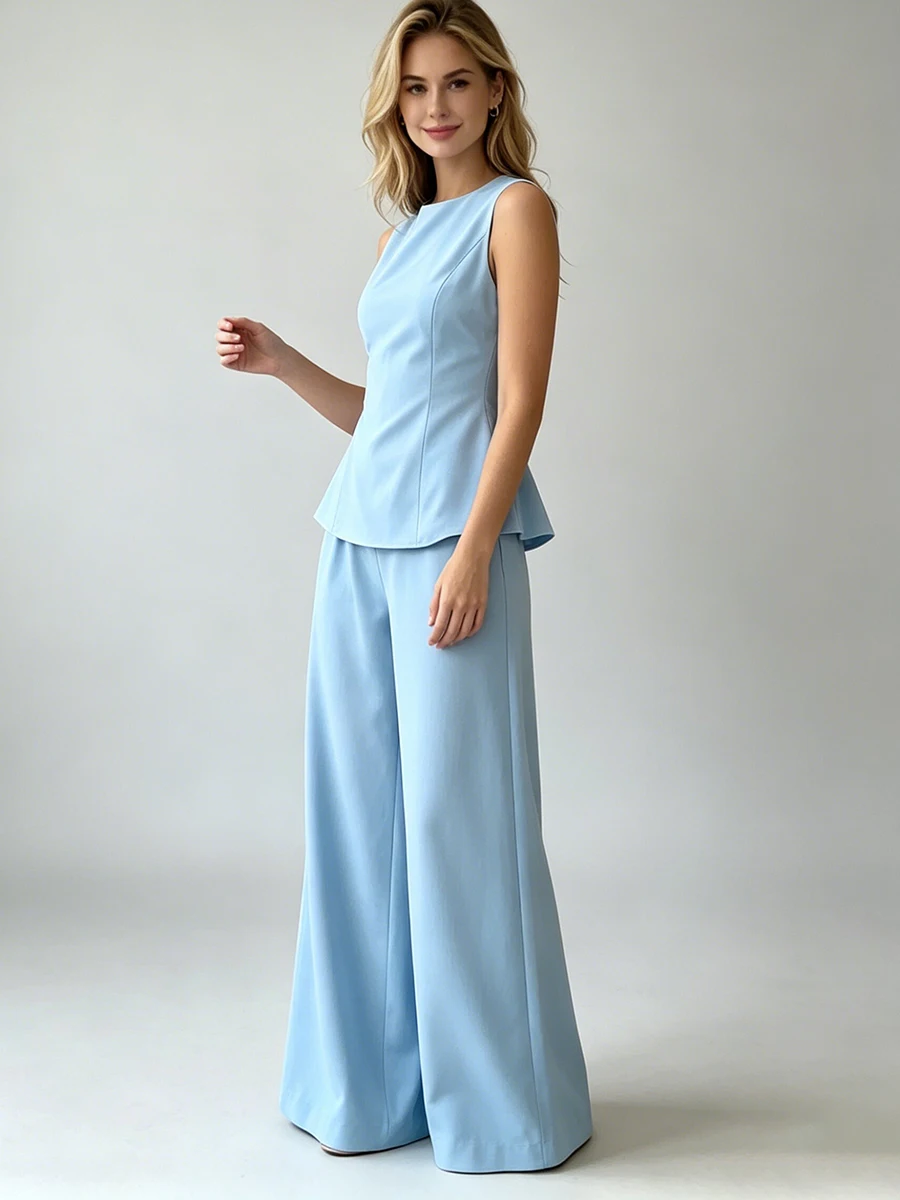 2026 Women Elegant Back Tie Sleeveless Peplum Top + Wide Leg Pants 2 Piece Casual Set