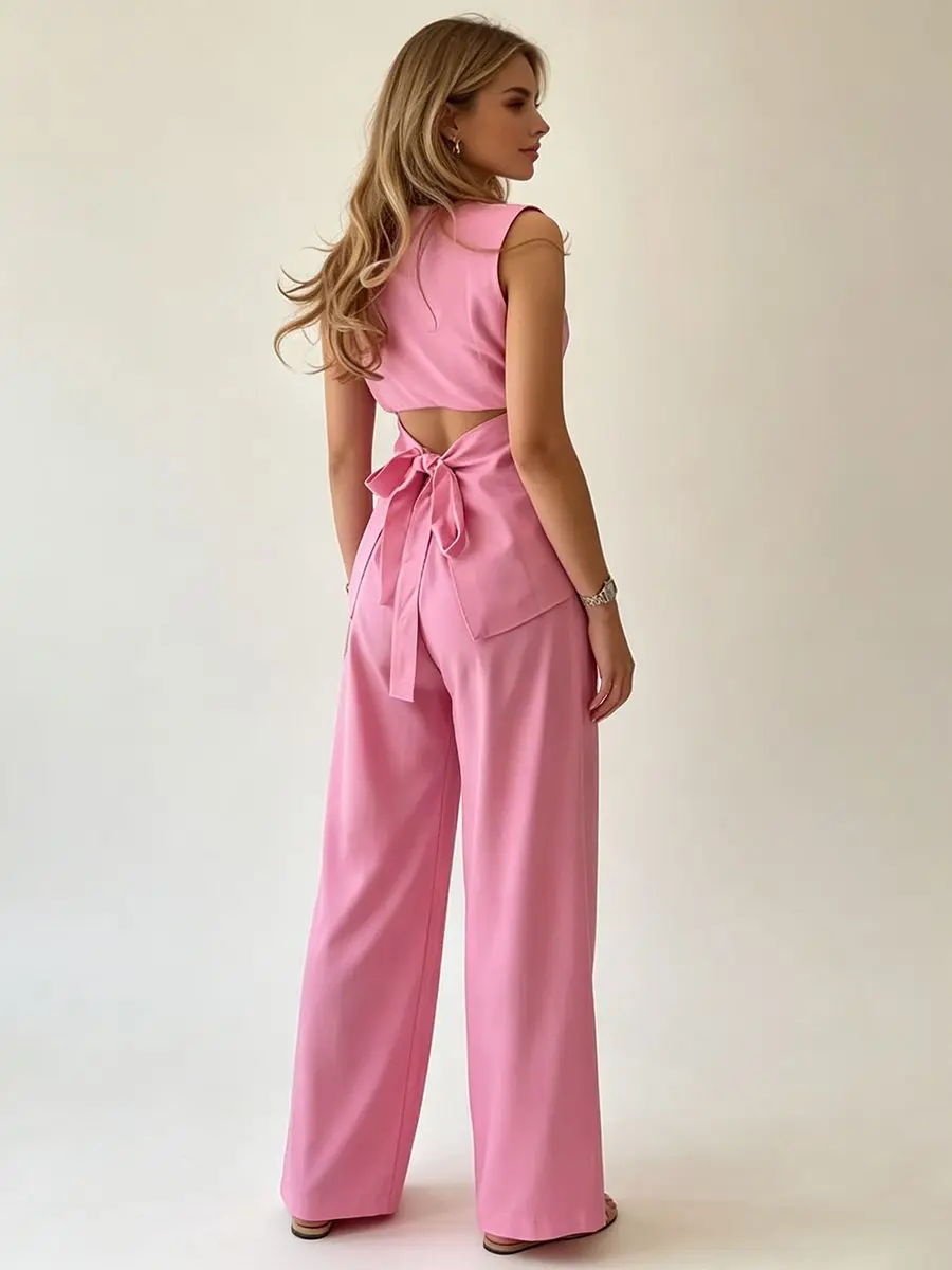 2026 Women Elegant Back Tie Sleeveless Peplum Top + Wide Leg Pants 2 Piece Casual Set