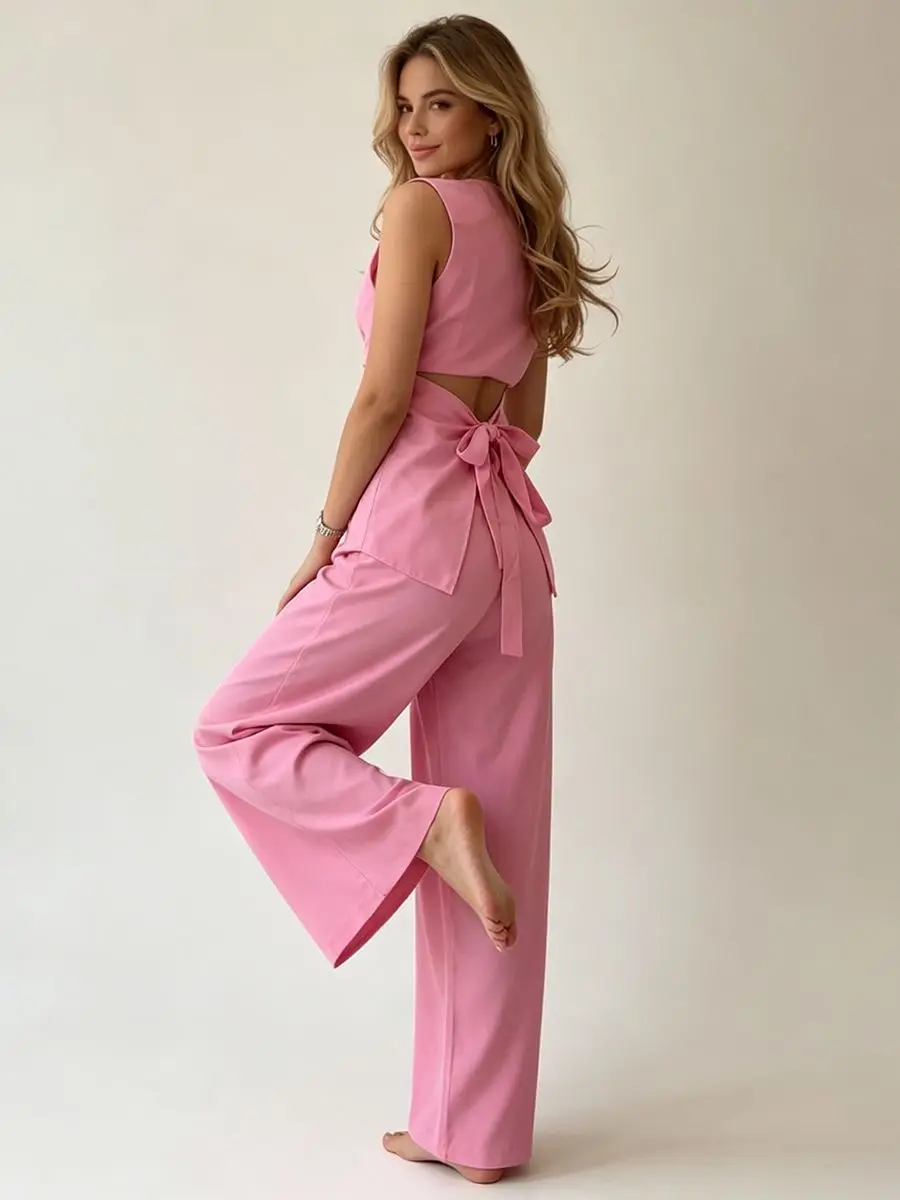 2026 Women Elegant Back Tie Sleeveless Peplum Top + Wide Leg Pants 2 Piece Casual Set