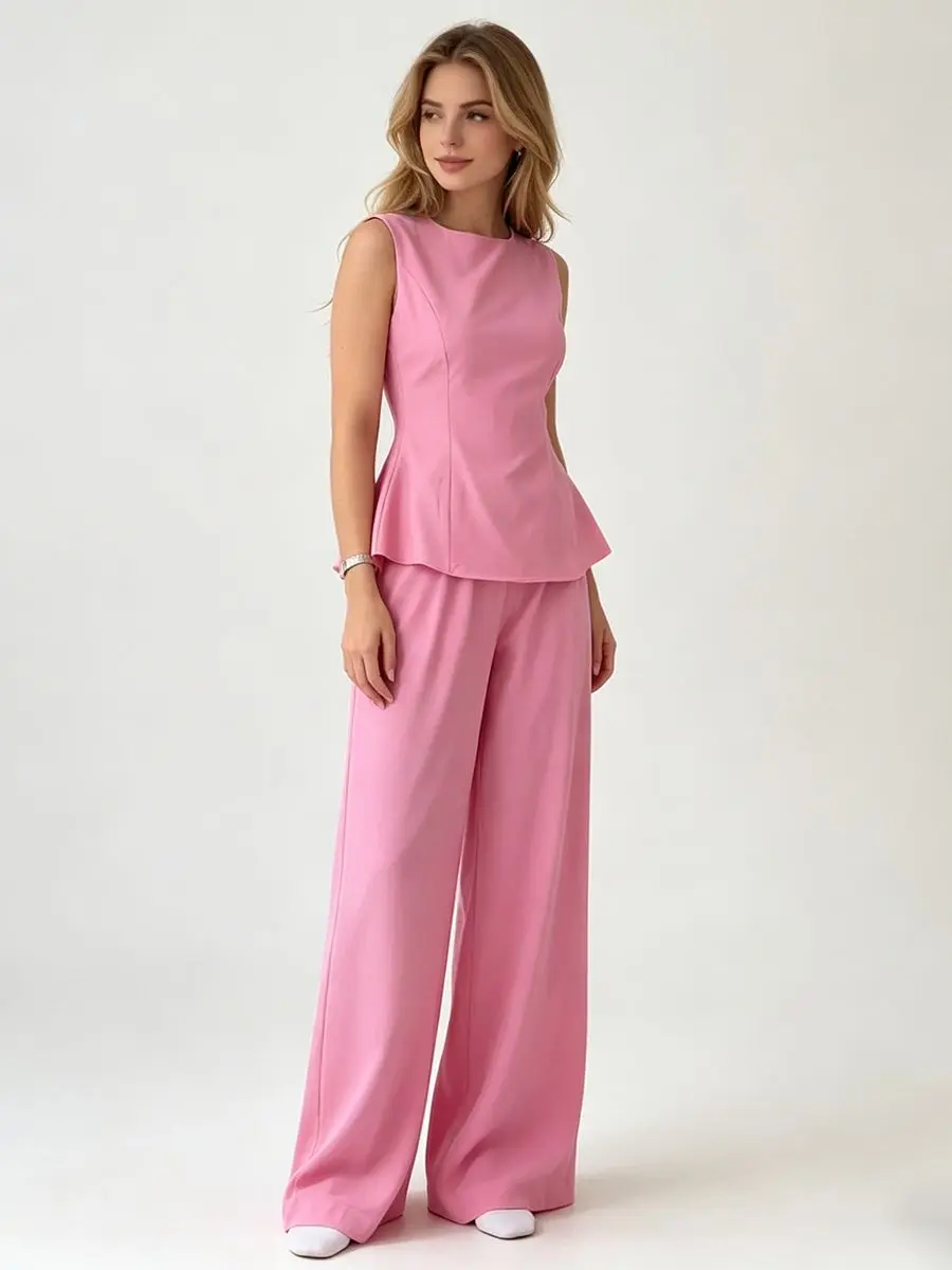 2026 Women Elegant Back Tie Sleeveless Peplum Top + Wide Leg Pants 2 Piece Casual Set