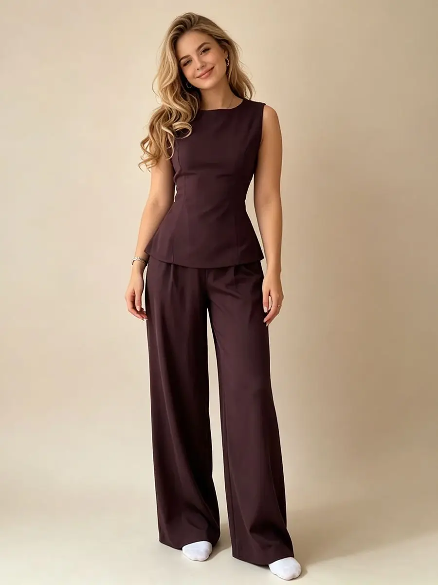 2026 Women Elegant Back Tie Sleeveless Peplum Top + Wide Leg Pants 2 Piece Casual Set