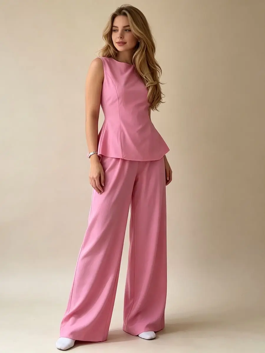 2026 Women Elegant Back Tie Sleeveless Peplum Top + Wide Leg Pants 2 Piece Casual Set